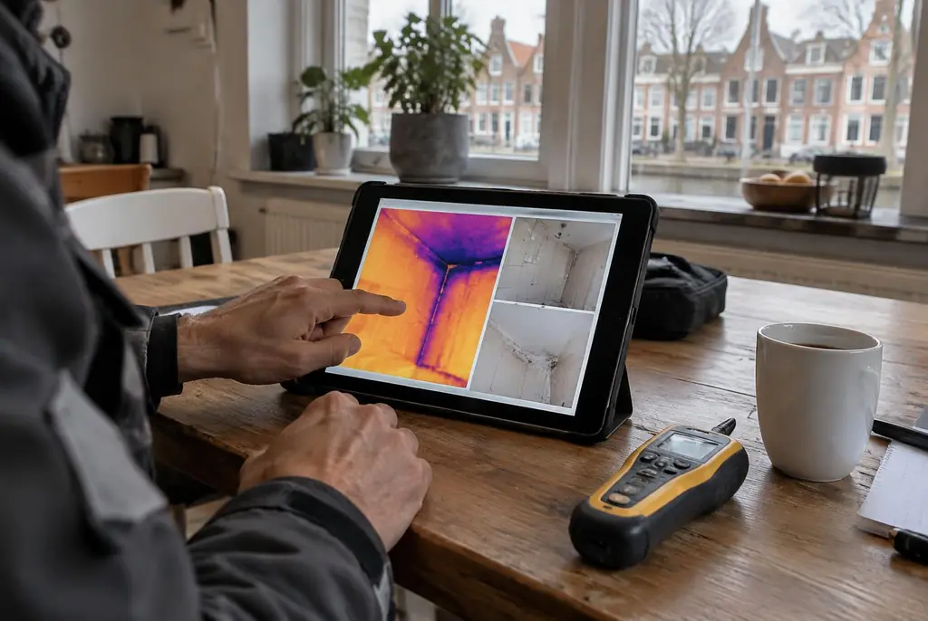 Lekdetectie Bleiswijk – lekdetectierapport met warmtebeelden en foto's op een tablet
