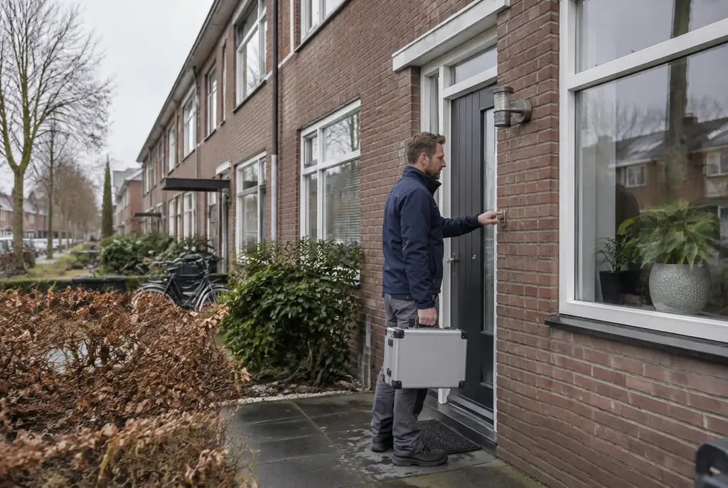 Lekdetectiespecialist met meetkoffer bij de voordeur van een woning in Bleiswijk